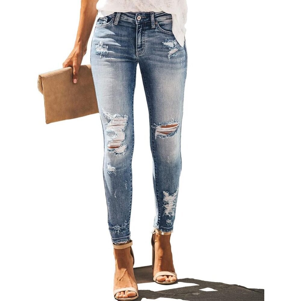 Women's High Waist Skinny Ripped Denim Jeans Stretch Destroyed Blue